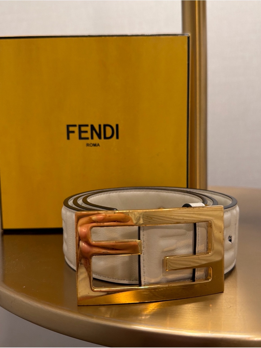 Fendi White Leather Belt with Gold FF Buckle